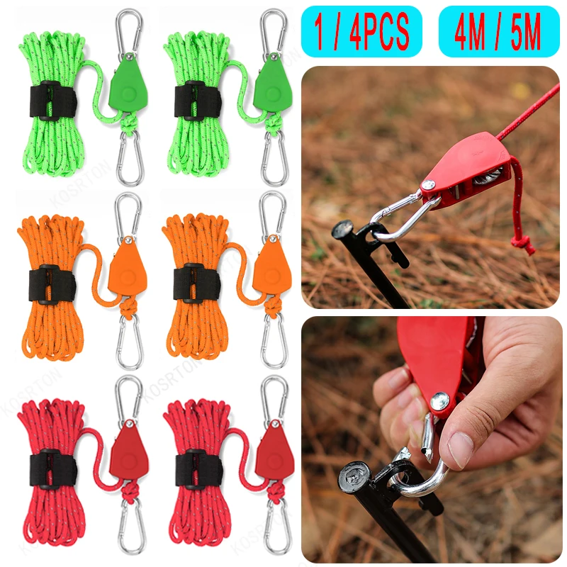 Reflective Tent Guyline with Pulley Tensioner, 4 m or 5 m 1 Orange reflective tent guyline with pulley tensioner stretched from a tent to a stake at dusk