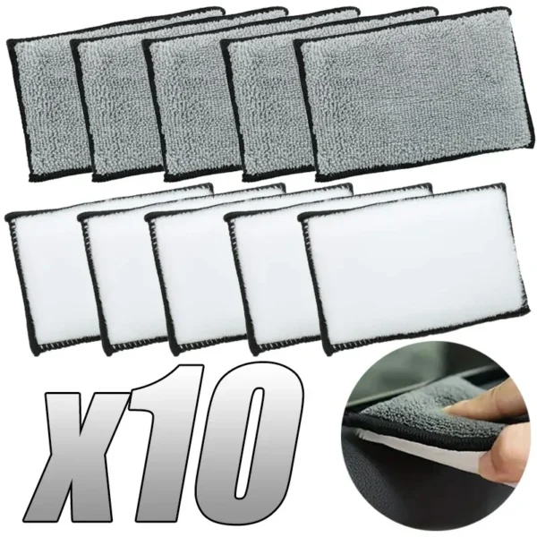 Microfiber interior scrub pads cleaning a leather car seat with interior cleaner