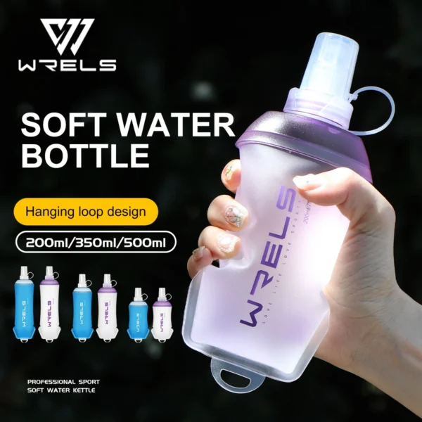 Foldable TPU soft flask in blue filled with water beside an empty one rolled up flat
