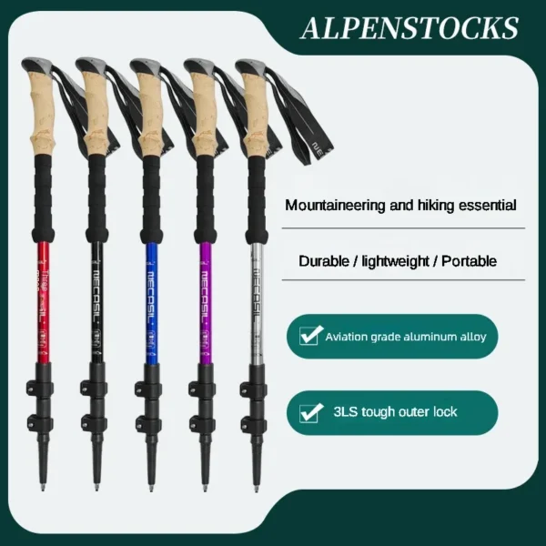 Anti shock trekking pole in red aluminum with cork EVA grip, wrist strap and steel tip