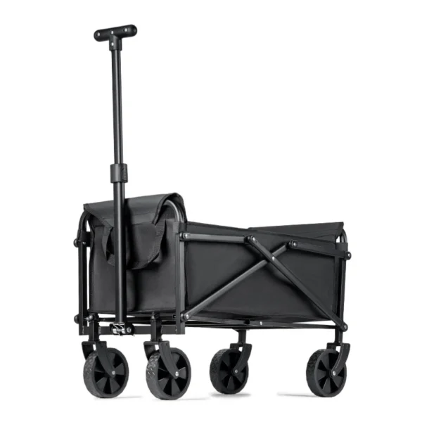 Folding camping cart in black with iron frame and four wheels loaded with outdoor gear