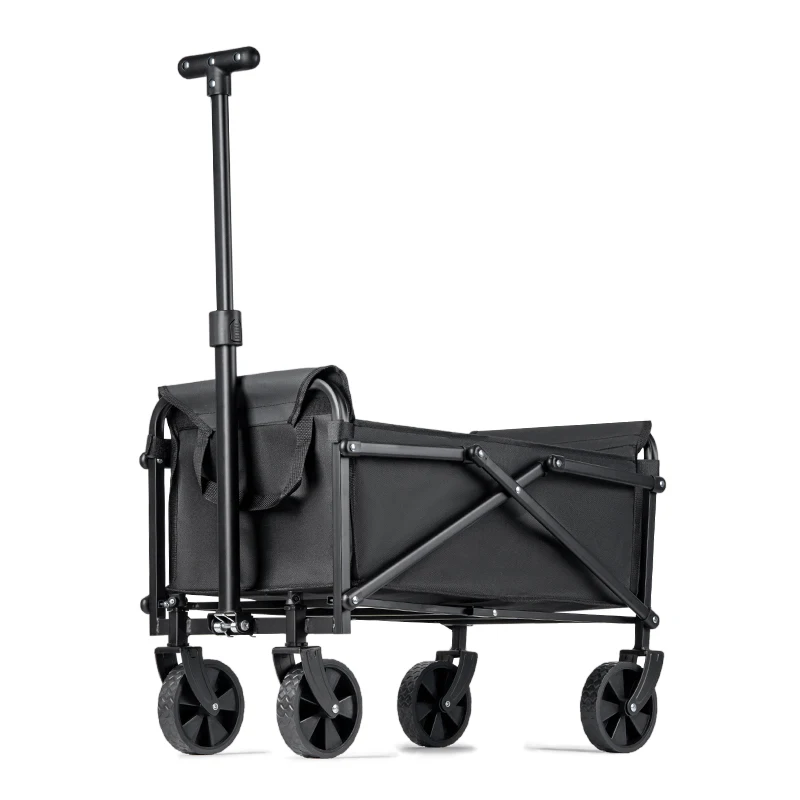 Folding Camping Cart Heavy Duty Utility Wagon with 4 Wheels 1 Folding camping cart in black with iron frame and four wheels loaded with outdoor gear