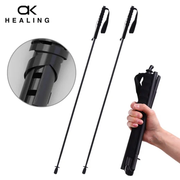 Carbon fiber hiking sticks pair with EVA grips shown folded into five sections