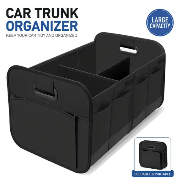 Trunk organizer with divider in black Oxford fabric showing compartments and side pockets