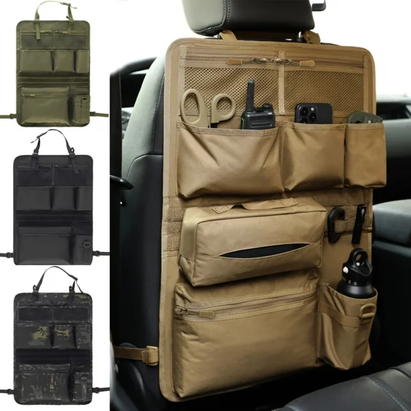 SUV truck backseat organizer in Oxford cloth with multiple pockets hung behind a car seat