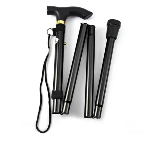 T handle walking stick in black telescopic aluminum with rubber tip on a white background