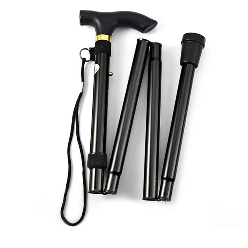 T Handle Walking Stick Telescopic Aluminum Alloy with Rubber Tip 1 T handle walking stick in black telescopic aluminum with rubber tip on a white background