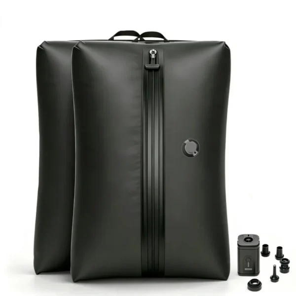 Double seal vacuum bag in nylon compressed flat with clothes inside next to a cordless pump