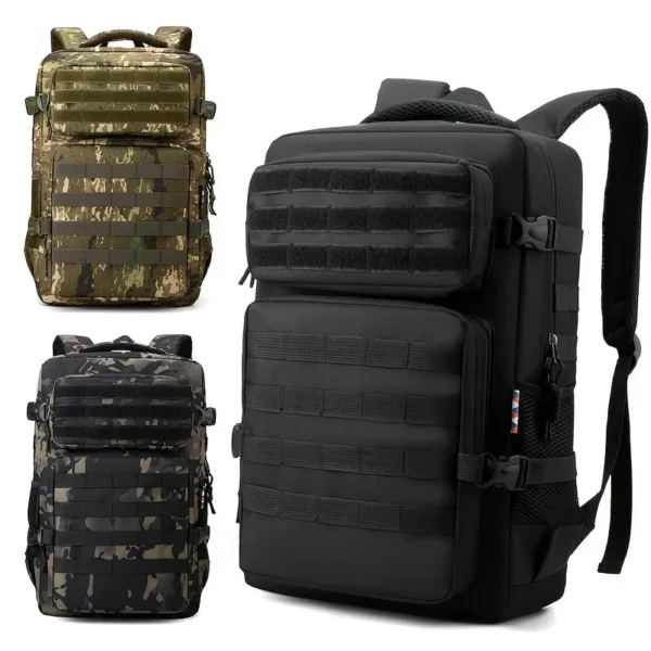 Camouflage hiking backpack in brown camo with multiple zip layers and arcuate shoulder straps