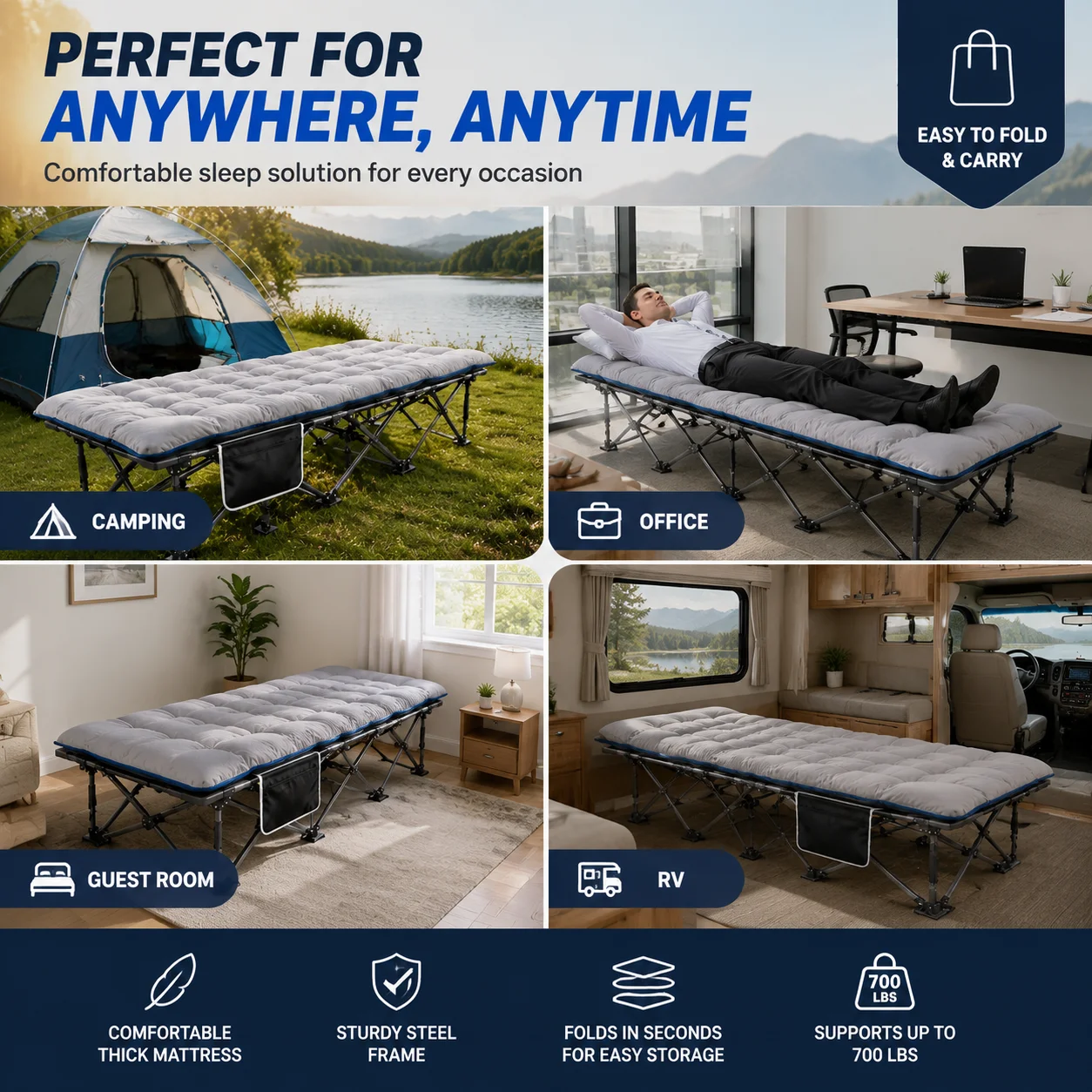 Padded Folding Camping Cot Thick Mattress and 700 lb Steel Frame 7 Padded Folding Camping Cot Thick Mattress and 700 lb Steel Frame - view 7