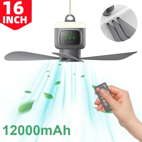 USB ceiling fan with built-in light hanging inside a camping tent with its remote control