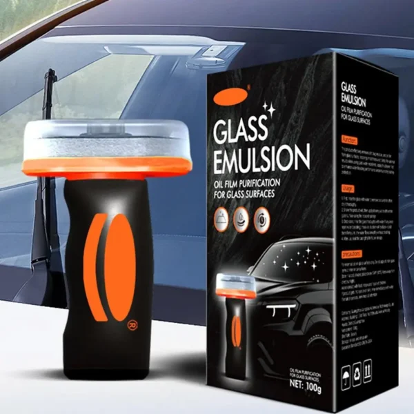Glass oil film cleaner brush scrubbing a car windshield to remove hazy oil film