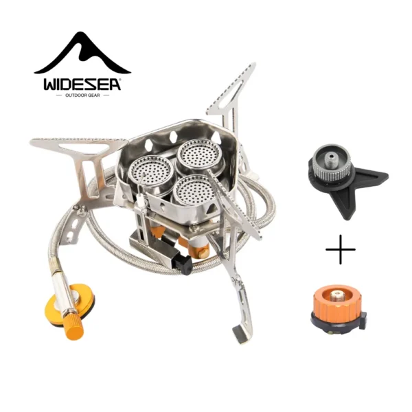 Split camping gas stove with folding stainless steel supports and hose connected to a gas canister