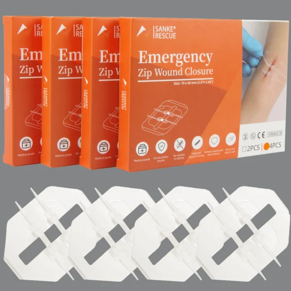 Zip wound closure device kit with adhesive closures, cleaning wipes and cotton swabs laid out