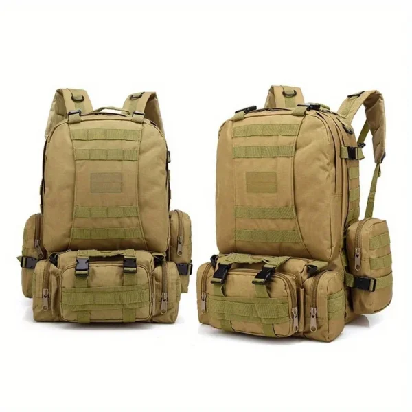55L tactical rucksack in khaki nylon with large main compartment and side pockets