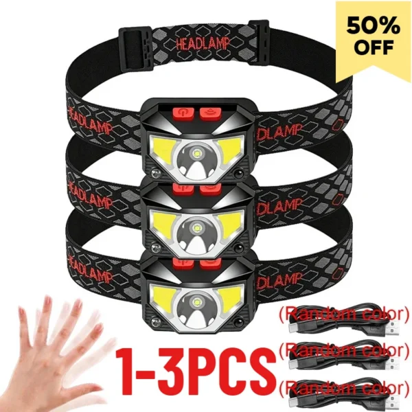 COB LED sensor headlamp with white main light, red side light and adjustable elastic headband