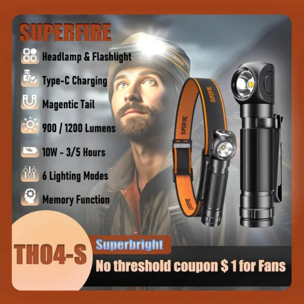 SUPERFIRE TH04-S 1200 lumen headlamp with angled lamp body, clip mount and black headband