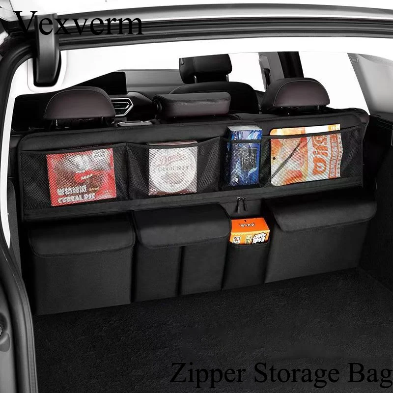Multi Pocket Trunk Organizer Hanging Backseat Bag Oxford Vexverm 1 Black multi pocket trunk organizer hanging on SUV rear seatbacks with mesh pockets holding supplies