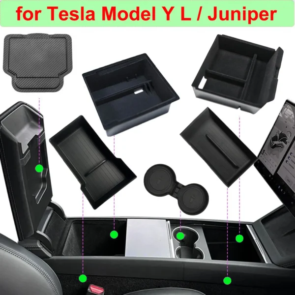 Flocked console storage box set installed in the center console of a Tesla Model Y