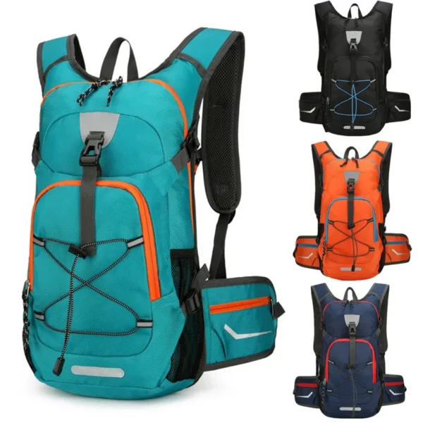 Reflective hiking rucksack in green polyester with reflective stripe and mesh back