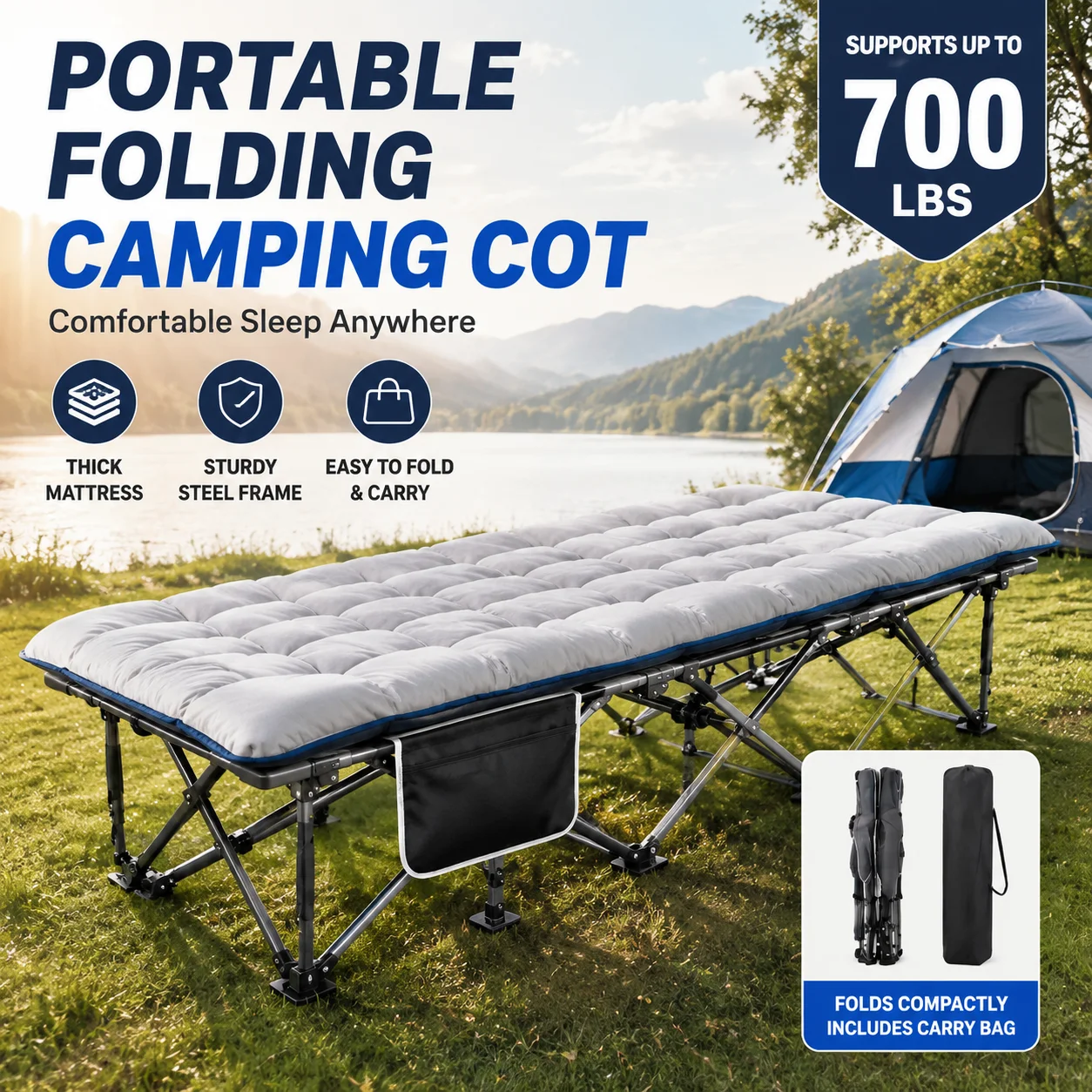 Padded Folding Camping Cot Thick Mattress and 700 lb Steel Frame 1 Padded folding camping cot with thick quilted mattress on a steel X-frame set up inside a tent