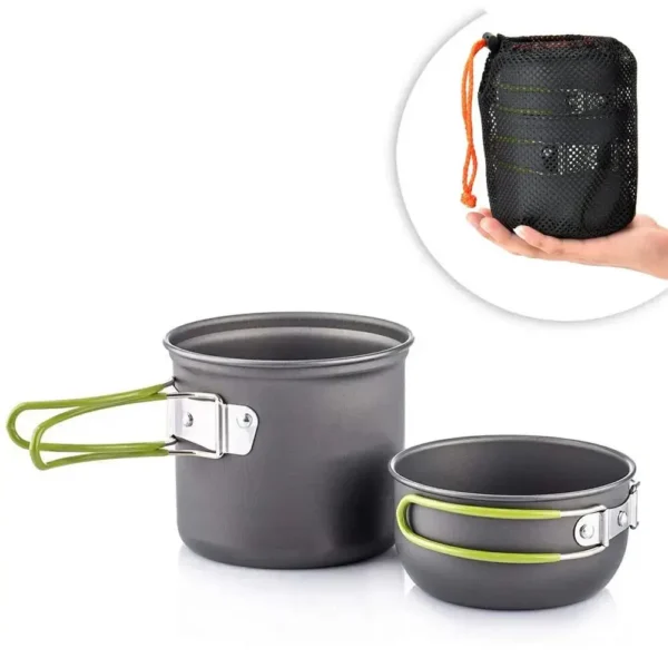 Ultralight camping mess kit with a 1.2L pot and 0.6L pot on a small camp stove