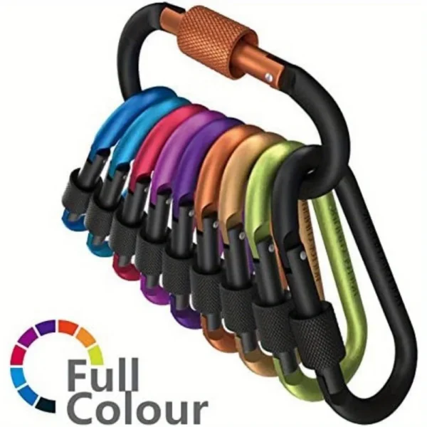 Tactical carabiner clips in a set of ten aluminum alloy keychain clips laid side by side