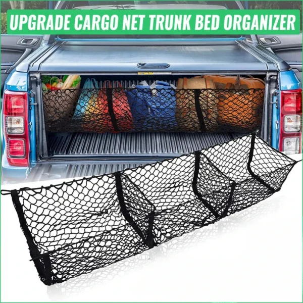 Heavy duty cargo net with three pockets stretched across the back of a car trunk