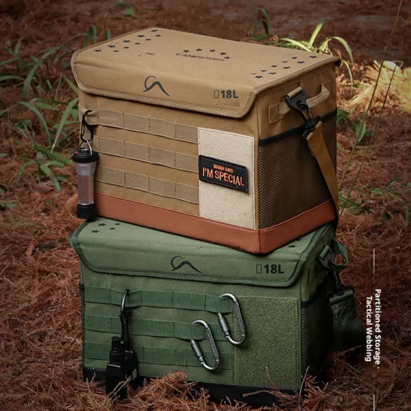 Khaki 18L pot storage bag open with nesting camp pots and cooking tools inside