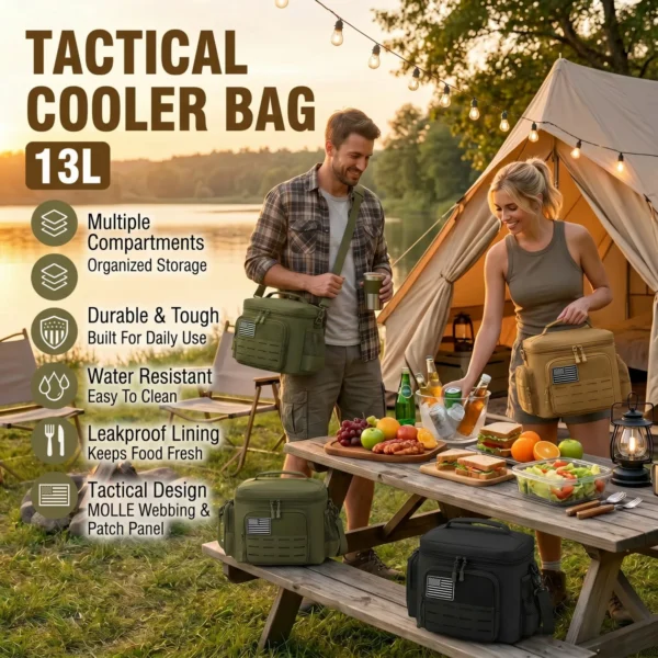 Tactical cooler lunch bag 13L in green polyester with an insulated main compartment