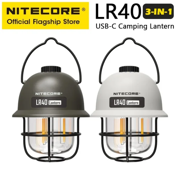 Power bank camping lantern in army green with a carry handle on top and USB charging ports