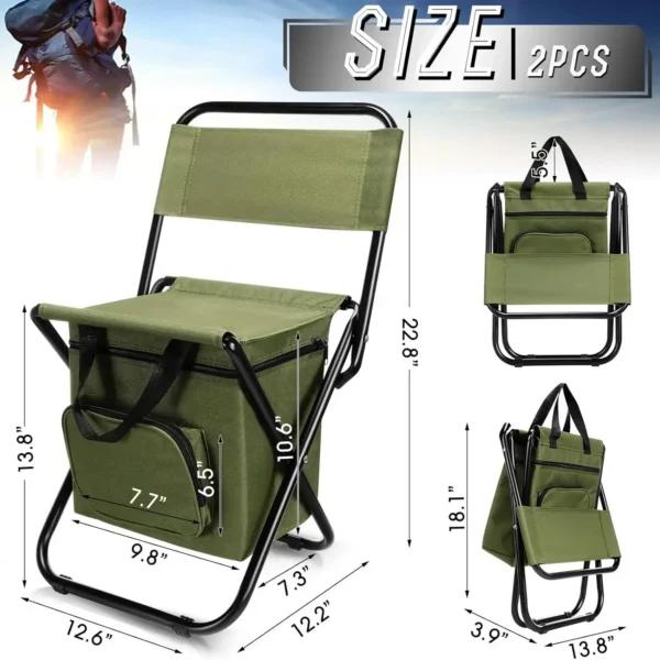 Cooler bag fishing chair with backrest and attached storage bag set up beside a lake