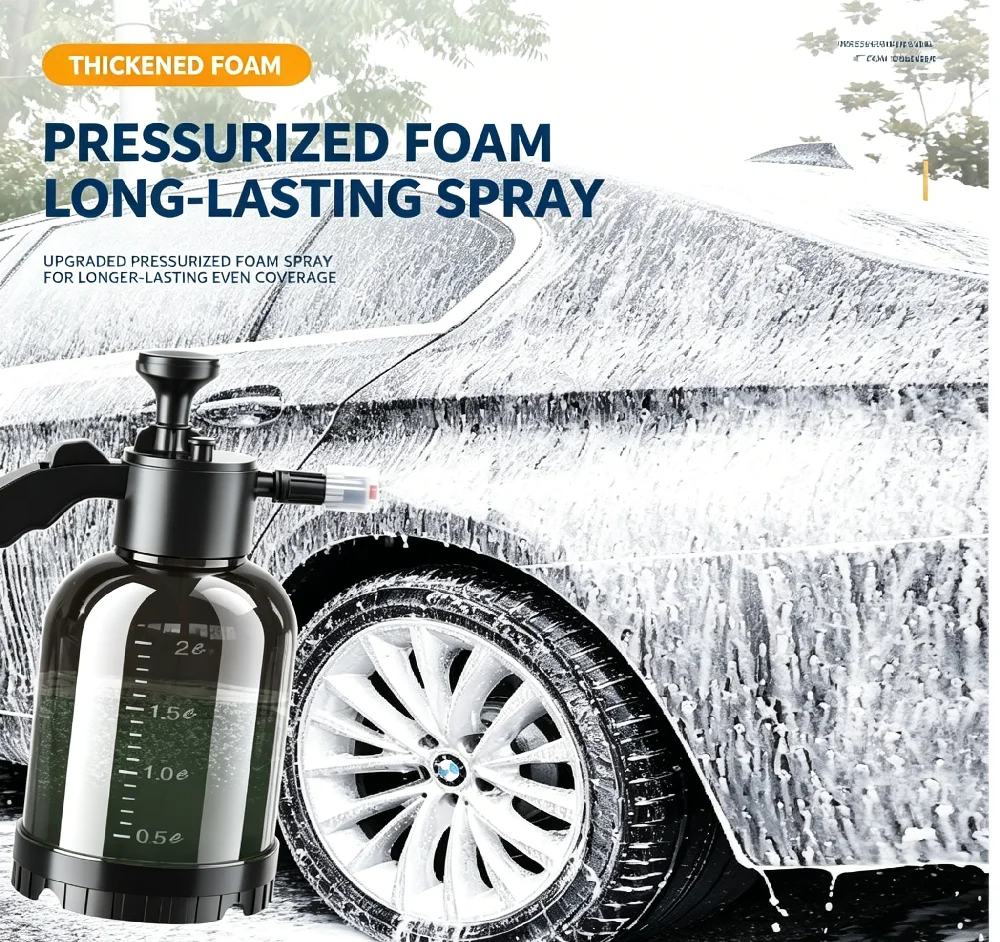 Pressurized Foam Sprayer 2L Hand Pump Car Wash with 2 Nozzles 1 Pressurized foam sprayer covering a car door in thick wash foam on a driveway