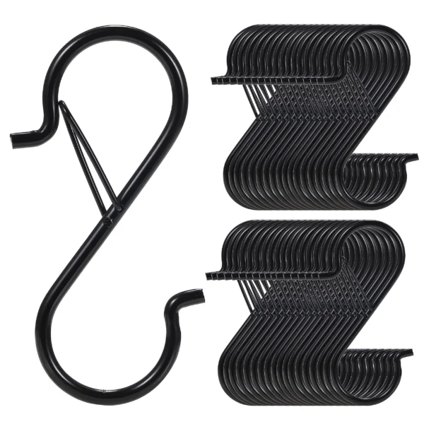 Twenty black heavy duty s hooks with safety buckles hanging from a metal rail holding bags and plants