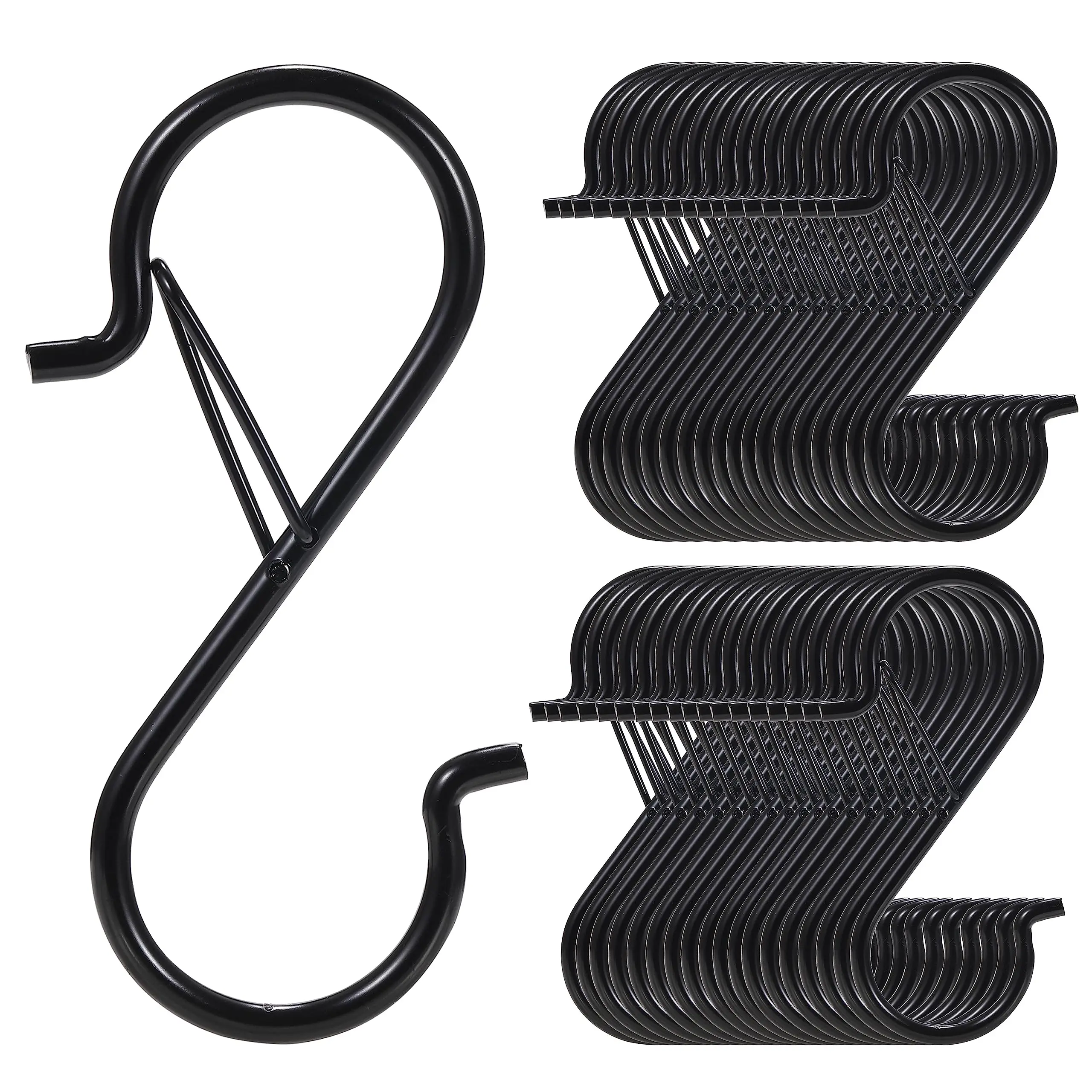 Heavy Duty S Hooks with Safety Buckle Iron Hanging Hooks 20 Pack 1 Twenty black heavy duty s hooks with safety buckles hanging from a metal rail holding bags and plants