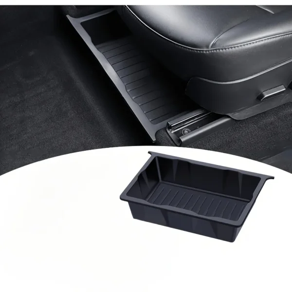 Black abs under seat organizer with adjustable compartments holding car essentials below a seat