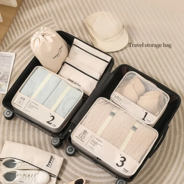 Gray 7 piece travel organizers set with pouches for clothes, shoes, toiletries and cables