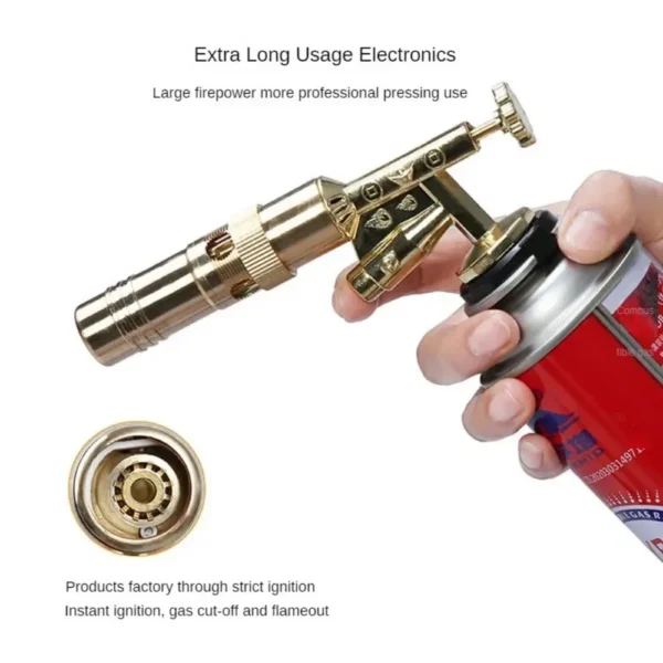 Butane torch nozzle attached to an inverted gas can producing a focused flame