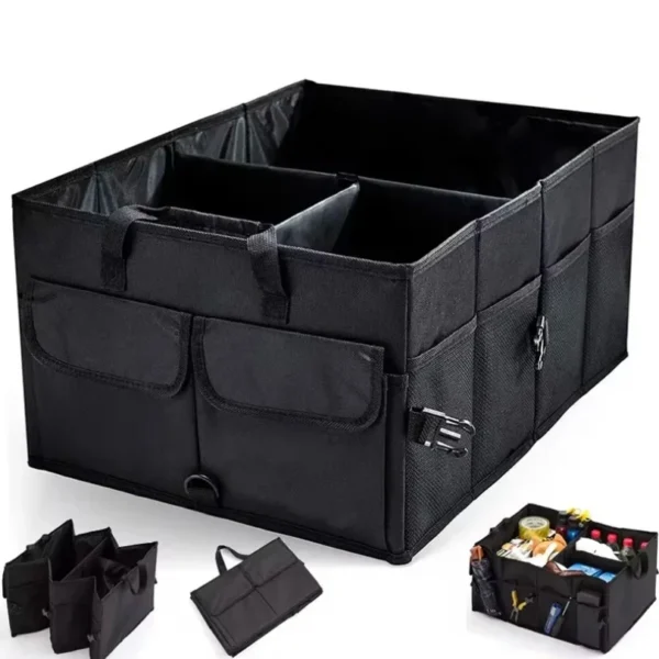 Collapsible cargo storage box in black 600D Oxford fabric holding tools in a car trunk