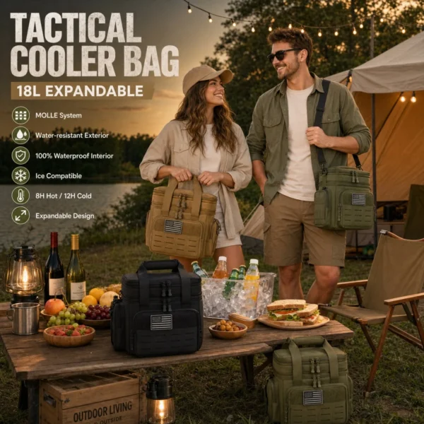 Khaki expandable picnic cooler bag with tactical webbing, unzipped to show drinks and food