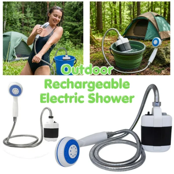 Handheld outdoor shower pump with hose and spray nozzle placed in a water bucket