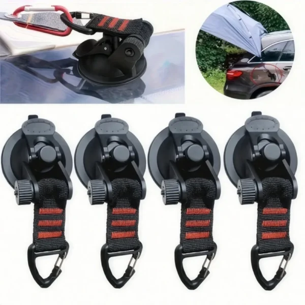 Blue suction cup tent anchor with hook attached to an SUV holding a tarp line