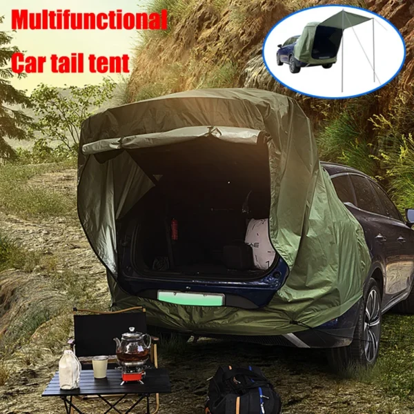 Car rear tent with canopy attached to the open tailgate of an SUV at a campsite