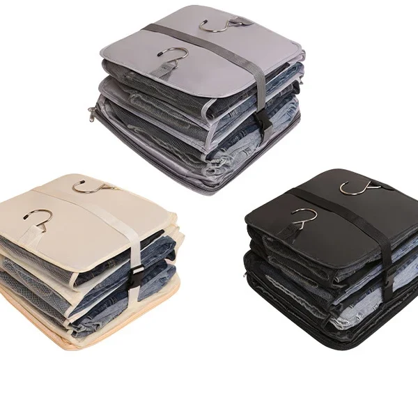 Hanging packing cube organizer in canvas with multi-layer pockets hung on a closet rail