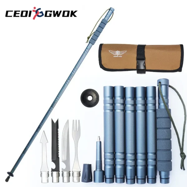 Lightweight aluminum trekking poles shown folded and extended with straight grip handles