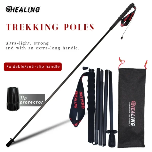 110g carbon hiking poles in matte black, folded into five sections next to storage bag