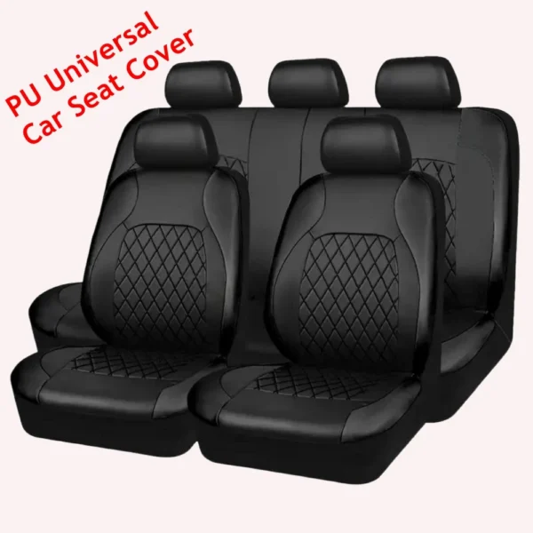 PU leather seat covers in black fitted on the front and rear seats of a car