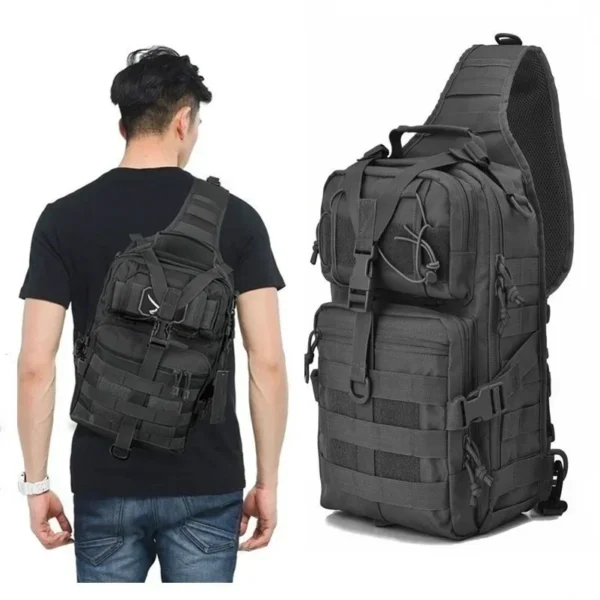 Tactical sling backpack in khaki worn over one shoulder with adjustable strap