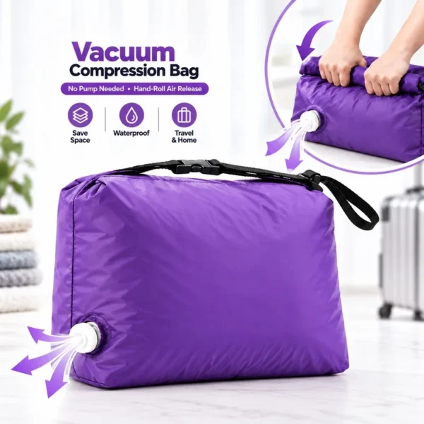 Hand roll vacuum bags in purple TPU nylon rolled flat with sweaters packed inside