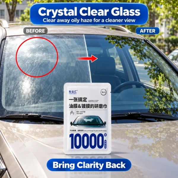 Hydrophobic glass cleaning wipes beside a windshield with rain beading on the glass